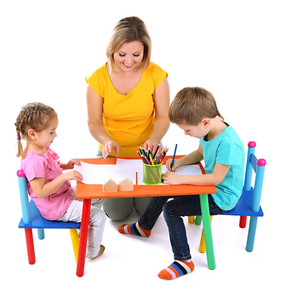 Little children drawing with mom — Stock Photo, Image