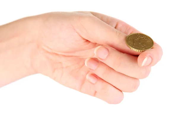 Mano de mujer lanzando moneda aislada en blanco — Foto de Stock