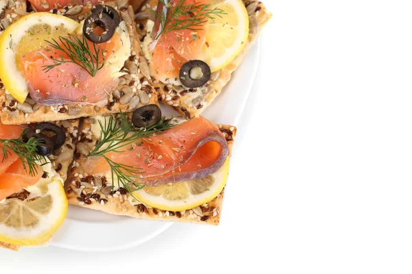 Zalm broodjes op plaat geïsoleerd op wit — Stockfoto