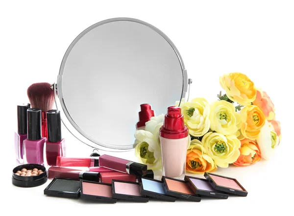 Group decorative cosmetics for makeup and mirror, isolated on white — Stock Photo, Image