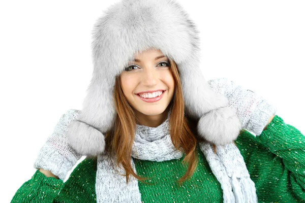 Menina sorridente bonita em chapéu isolado no branco — Fotografia de Stock