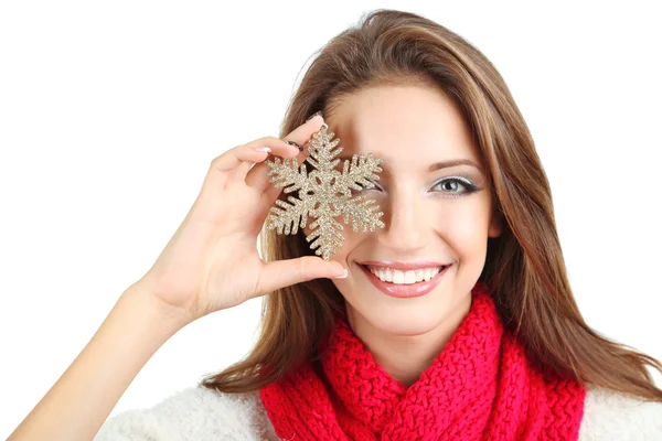 Beautiful smiling girl with Christmas snowflake isolated on white — Stock Photo, Image