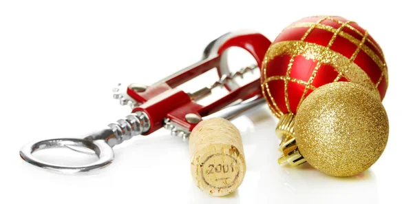 Wine cork with new Year toys isolated on white — Stock Photo, Image