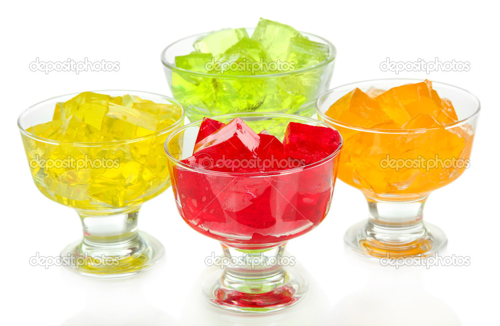 Tasty jelly cubes in bowls isolated on white