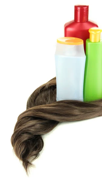 Parlak Kahverengi saç beyaz izole şampuan ile — Stok fotoğraf