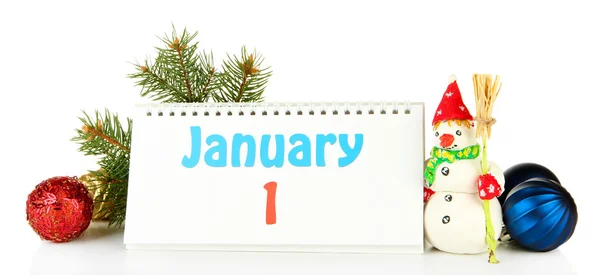 Calendar, New Year decor and fir tree, isolated on white — Stock Photo, Image