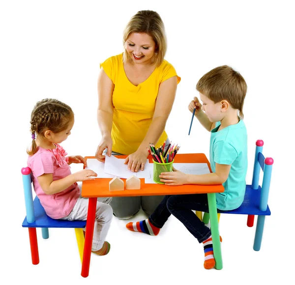 Little children drawing with mom — Stock Photo, Image