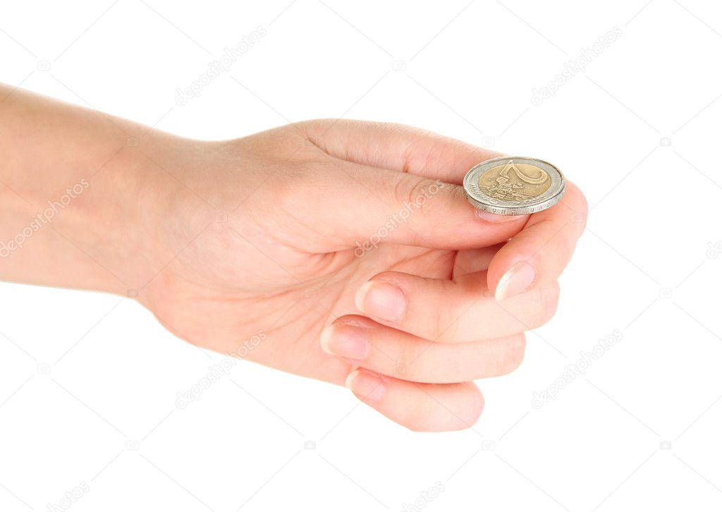 Hand of woman flipping coin isolated on white