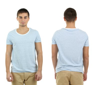 genç adam önünde ve arkasında izole üzerinde beyaz t-shirt