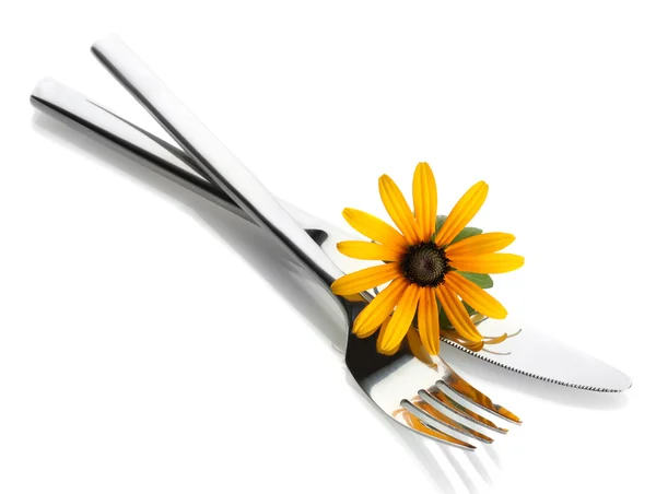 Spoon, fork and flower, isolated on white — Stock Photo, Image