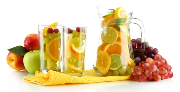 Transparent jar and glasses with citrus fruits, isolated on white — Stock Photo, Image