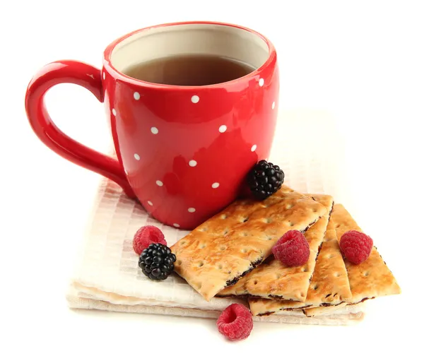 Φλιτζάνι τσάι με τα cookies και τα μούρα που απομονώνονται σε λευκό — Φωτογραφία Αρχείου