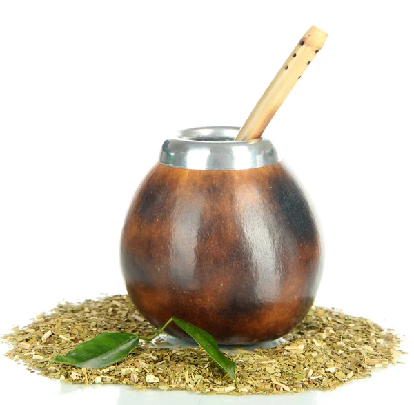 Calabash e bombilla con yerba mate isolate su bianco — Foto Stock