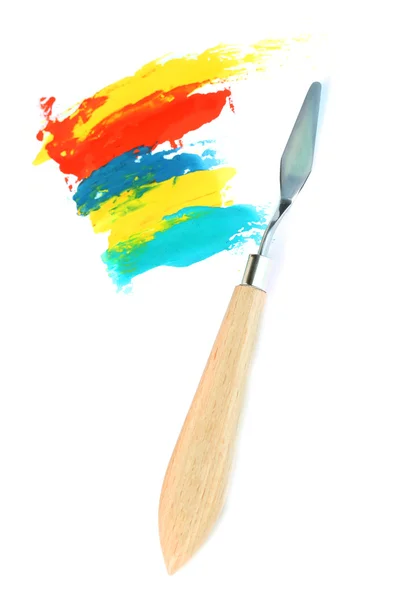 Painting palette knife with paints isolated on white — Stock Photo, Image