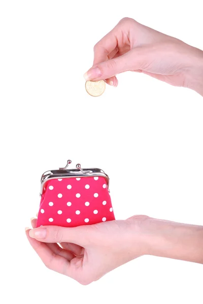 Female hand holding pink purse isolated on white — Stock Photo, Image