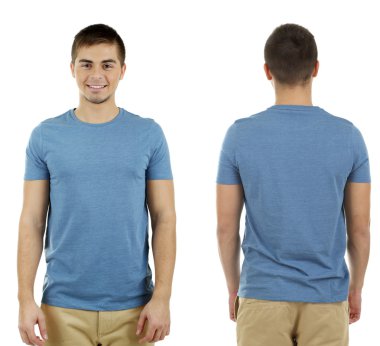 genç adam önünde ve arkasında izole üzerinde beyaz t-shirt
