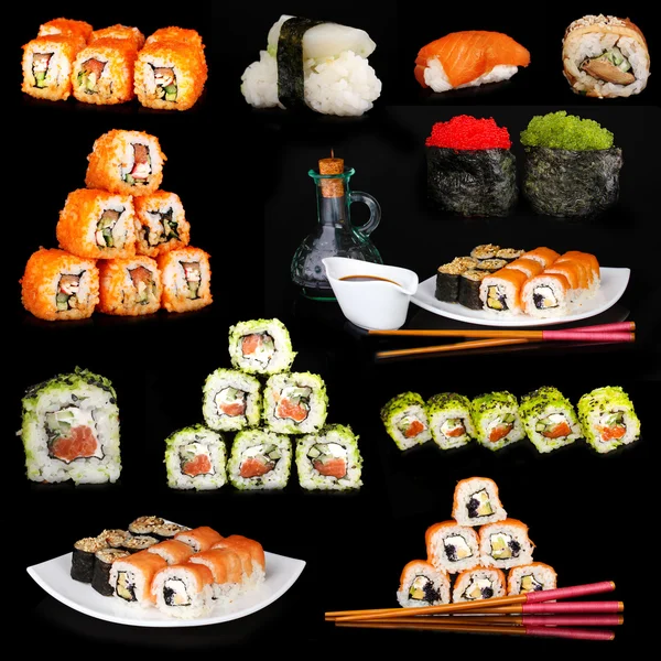 Tasty sushi collage on black background — Stock Photo, Image