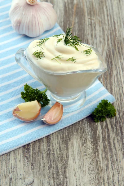 Sour cream on table close-up — Stock Photo, Image