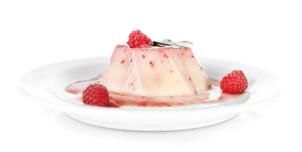 Panna Cotta with raspberry sauce, isolated on white — Stock Photo, Image