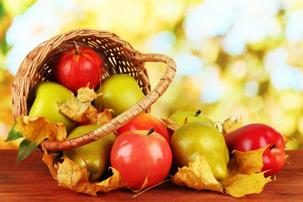 Beautiful ripe apples and pears with yellow leaves in basket on table on bright background — Stock Photo, Image