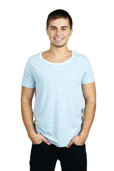 Portret van een jonge man op grijze achtergrond — Stockfoto