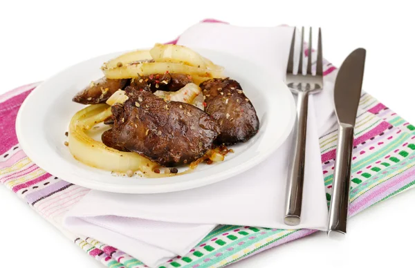 Hígados de pollo frito apetitosos en plato aislado en blanco — Foto de Stock