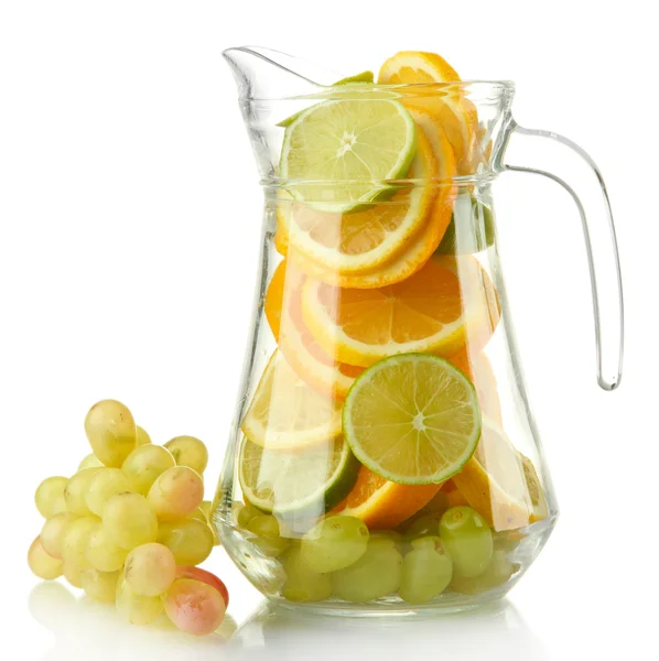 Transparent jar with citrus fruits and grape, isolated on white — Stock Photo, Image