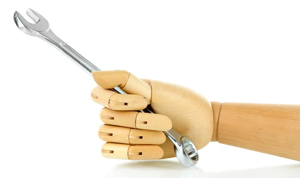 Wrench in wooden hand isolated on white — Stock Photo, Image