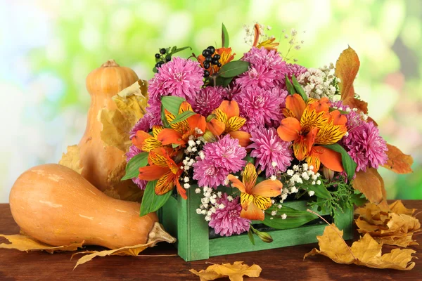 Композиция цветов в ящике с тыквами на столе на ярком фоне — стоковое фото
