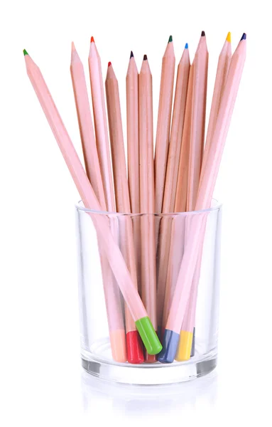 Colorful pencils in glass isolated on white — Stock Photo, Image