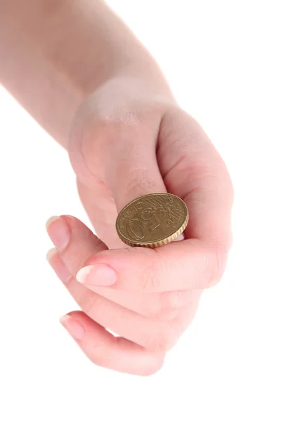 Hand of woman flipping coin isolated on white — Stock Photo, Image