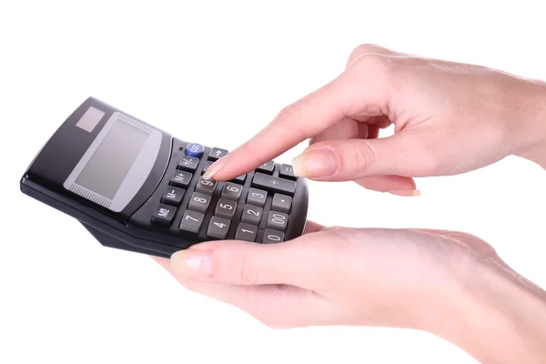 Mãos femininas segurando calculadora digital isolada em branco — Fotografia de Stock
