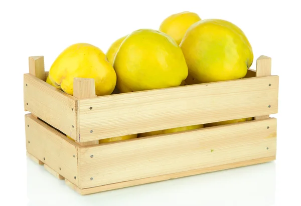 Sweet quinces in wooden box isolated on white — Stock Photo, Image