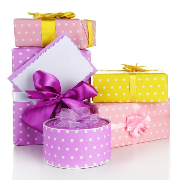 Gift boxes with blank label isolated on white — Stock Photo, Image
