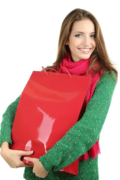 Beautiful smiling girl with gift bag isolated on white — Stock Photo, Image