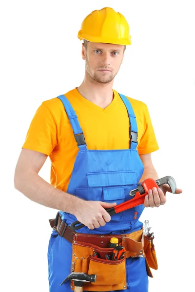 Retrato de jovem construtor isolado em branco — Fotografia de Stock