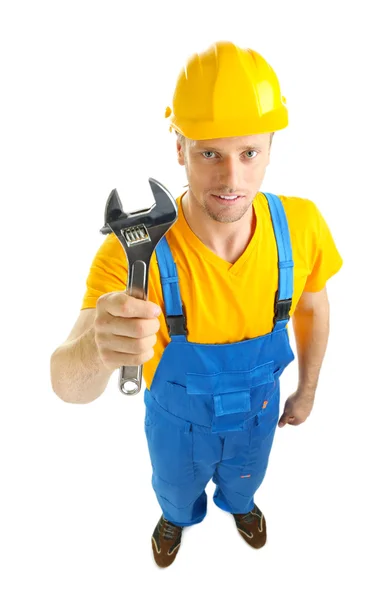 Retrato de jovem construtor isolado em branco — Fotografia de Stock