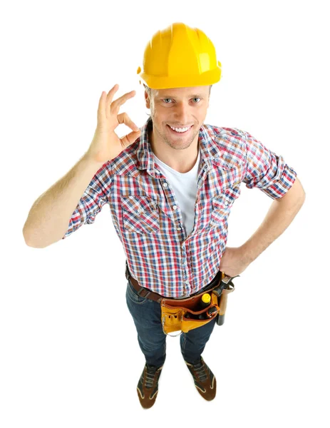 Porträt eines jungen Bauunternehmers isoliert auf Weiß — Stockfoto