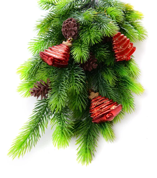 Christmas decorations on fir tree, isolated on white — Stock Photo, Image