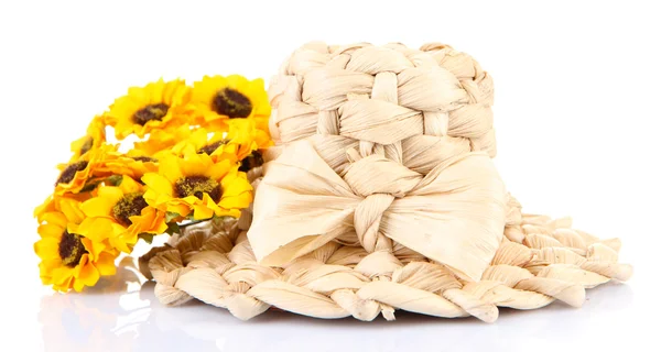 Small straw hat with flowers, isolated on white — Stock Photo, Image