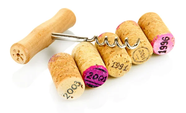 Wine corks with corkscrew isolated on white — Stock Photo, Image