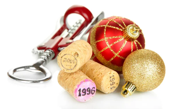 Corchos de vino con juguetes de Año Nuevo aislados en blanco — Foto de Stock