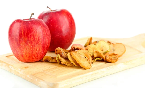 Dried apples and fresh apples,on cutting board isolated on white — Stock Photo, Image