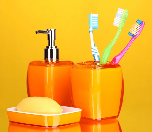 Bathroom set on yellow background — Stock Photo, Image