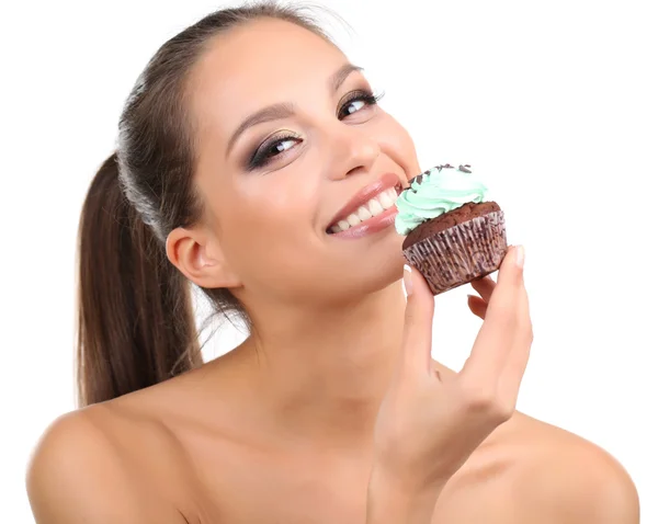 Portrait of beautiful young girl with chocolate cupcake isolated on white Stock Image