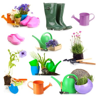 kolaj üzerinde beyaz izole Bahçe ekipmanları