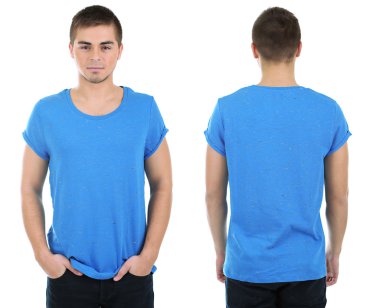 genç adam önünde ve arkasında izole üzerinde beyaz t-shirt