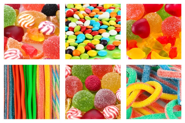 Collage de diferentes caramelos y dulces de colores — Foto de Stock