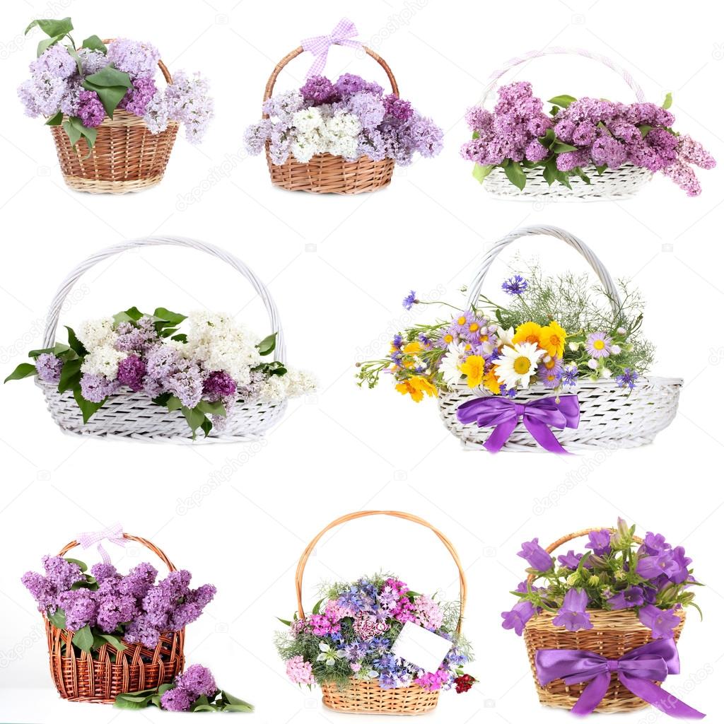 Collage of beautiful flowers in wicker baskets isolated on white