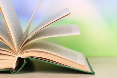 doğal zemin üzerine tahta masada açık kitap